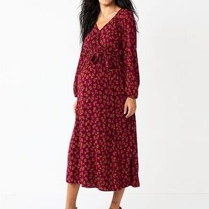Sonoma Maternity Burgundy Floral Faux Wrap Dress
